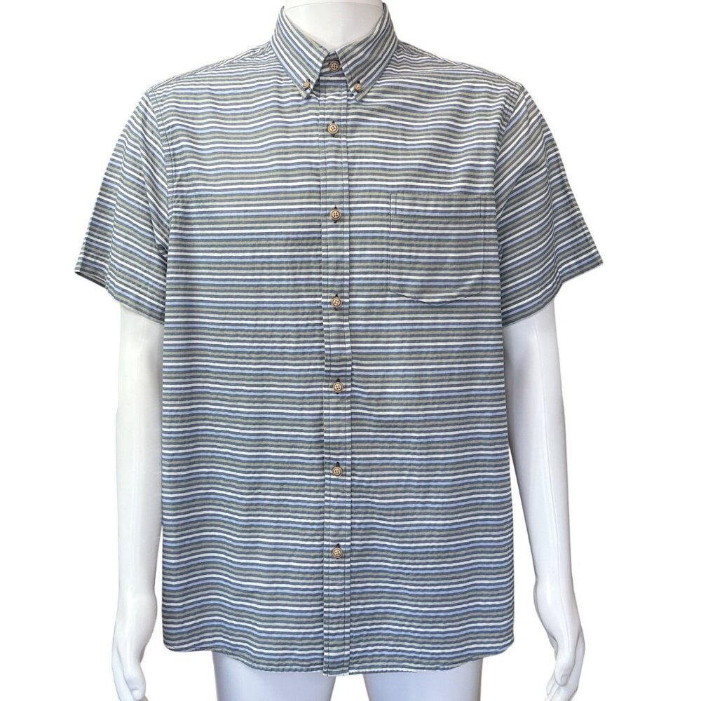 Rowm Mens Short Sleeve Button-Down Striped Shirt Blue/Green Cotton Size L